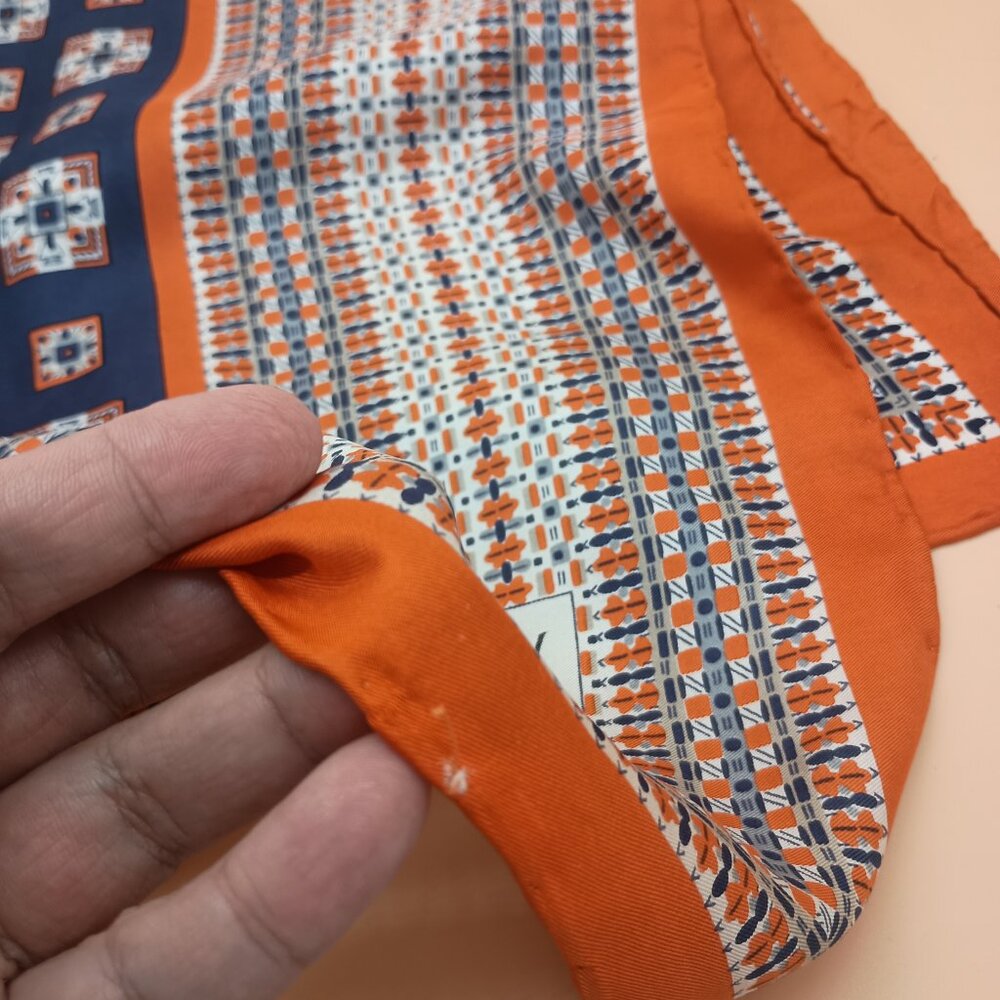 Vintage YSL Silk Scarf Yves Saint Laurent 32x34 GUC Blue Orange White - Picture 2 of 4